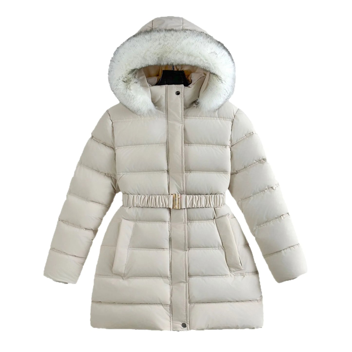 New Girls' Hooded Warm Cotton Clothes Waisted Mid-Length Girls' Jackets Winter Windproof Plus Velvet Thickened Down Jackets