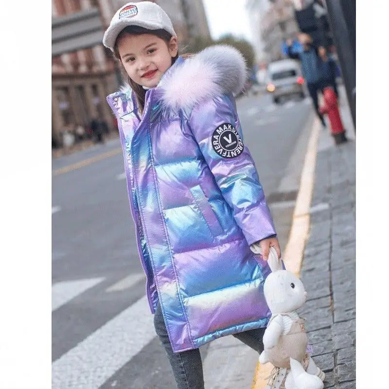 5-14 Years Old Winter Boys Girls Jacket Long Style Hooded Fur Collar Colorful Heavy Coat For Kids Children Outerwear