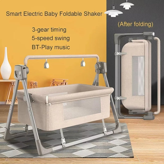 Electric Bluetooth Baby Crib Luxury Portable 5-Speed Bed Baby Easy to Clean Newborns Infant Cot With Mosquito Net & Pouch