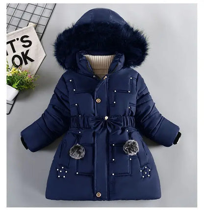 Thick Keep Warm Winter Girls Jacket Detachable Hat Plush Collar Hooded Padded Lining Coat For Kids Children Birthday Present