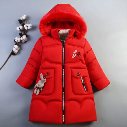 5-14 Years Old Winter Boys Girls Jacket Long Style Hooded Fur Collar Colorful Heavy Coat For Kids Children Outerwear