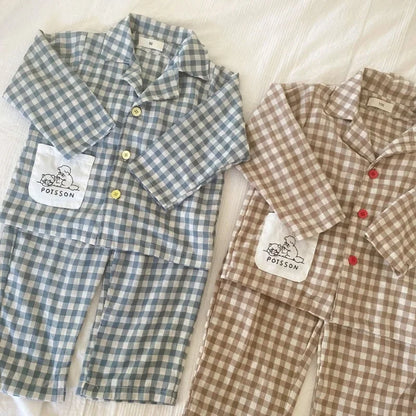 2PCS Autumn New Kids Pajamas Korean Long Sleeve Plaid Shirt And Pants Cotton Musline Yarn Sleepwear