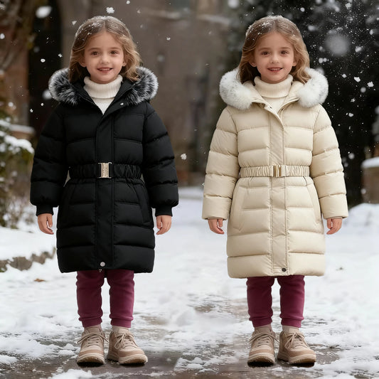 New Girls' Hooded Warm Cotton Clothes Waisted Mid-Length Girls' Jackets Winter Windproof Plus Velvet Thickened Down Jackets