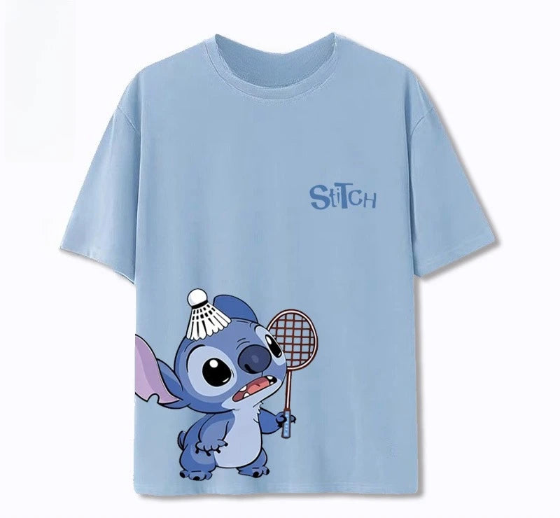 Stitch Star Badminton Joint Stitch Cotton Short Sleeve T-Shirt Summer Loose Unisex Top Boys and Girls Street Fashion