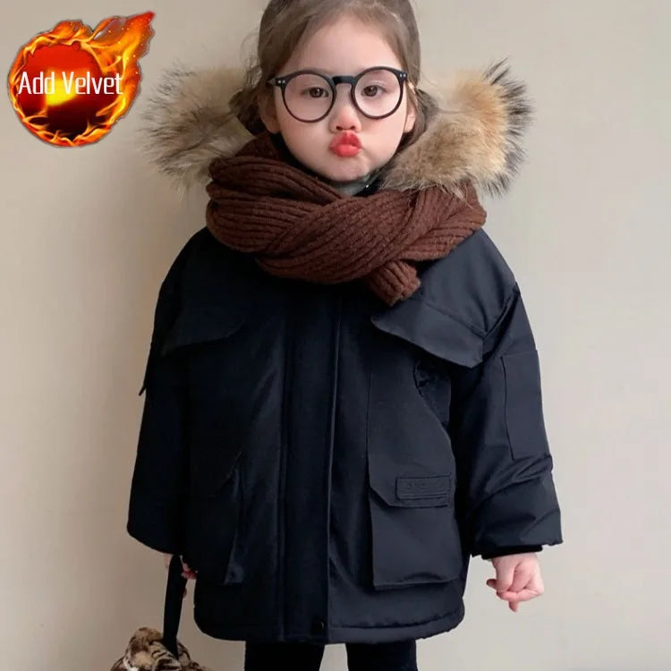 2025 New Girls Winter Parka Coat Thickened Fleece-Lined Warmth Stylish Cotton-padded Outdoor Coat Kids Winter Fashion