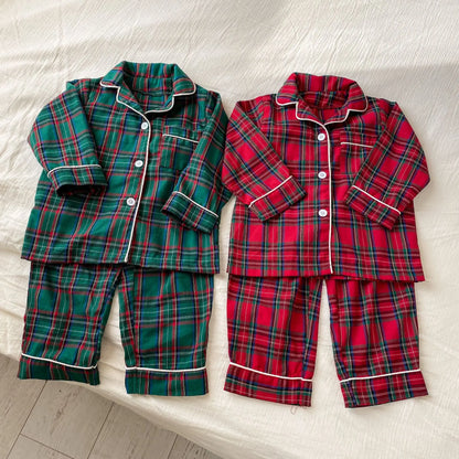 Christmas Kids Pajamas Long Sleeve Clothes Sets 2025 Autumn Baby Boys Girls Cotton Plaid Pajamas Suit Children Home Wear Clothes