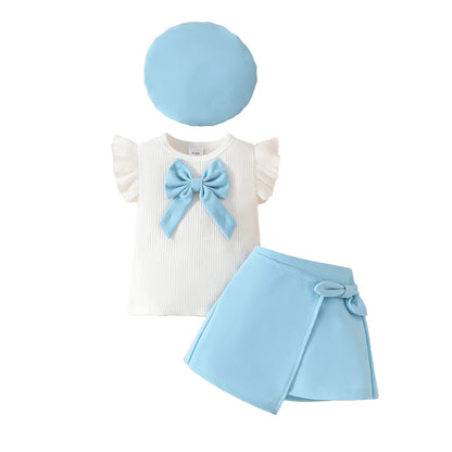 0-3Y Baby Girls Clothes 2025 Summer Toddler Outfit Sleeveless Top+Skirt+Beret 3Pcs Set Children's Cute Bow Suit Girls Clothing
