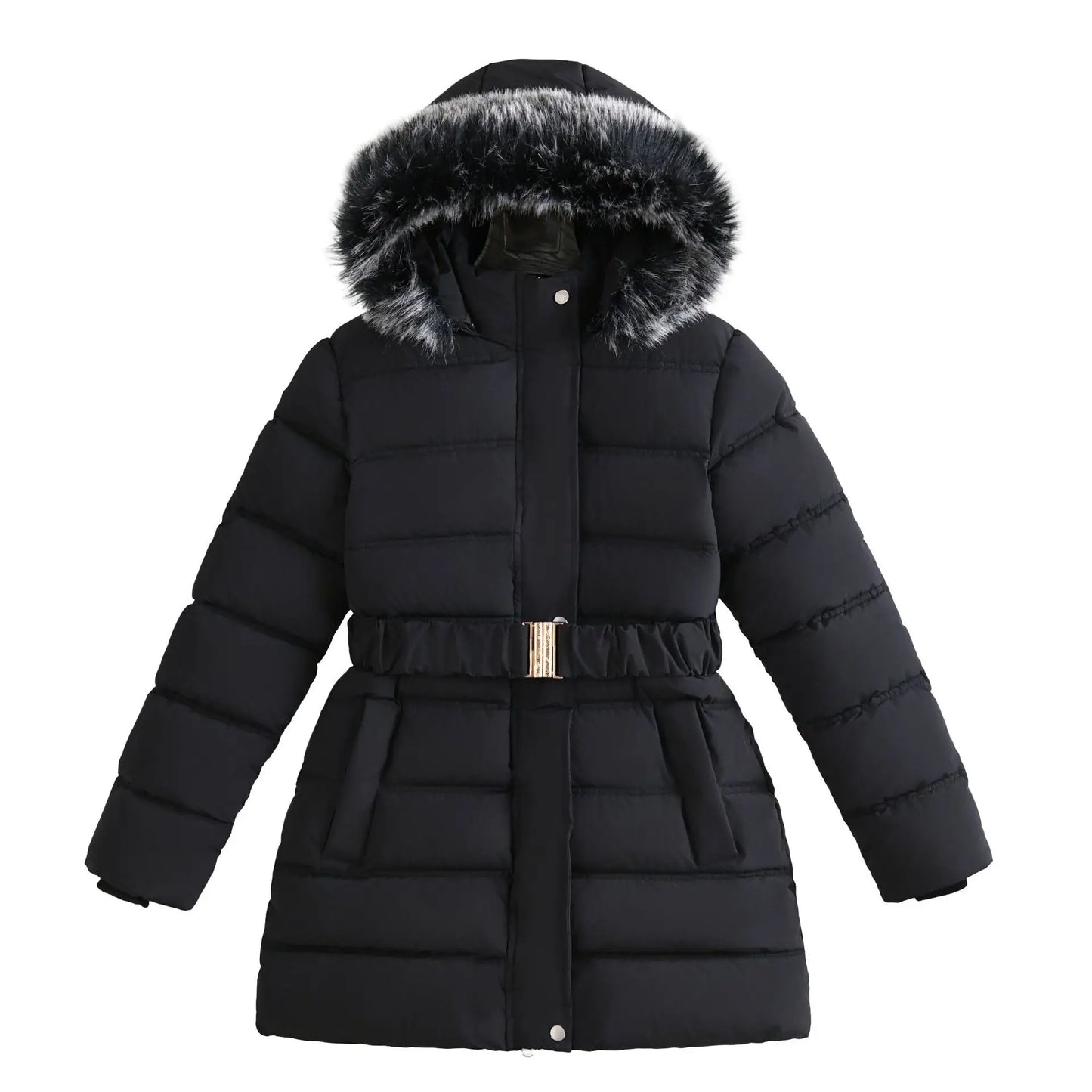 New Girls' Hooded Warm Cotton Clothes Waisted Mid-Length Girls' Jackets Winter Windproof Plus Velvet Thickened Down Jackets