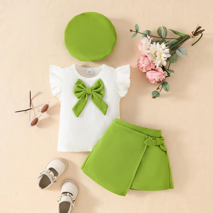 0-3Y Baby Girls Clothes 2025 Summer Toddler Outfit Sleeveless Top+Skirt+Beret 3Pcs Set Children's Cute Bow Suit Girls Clothing