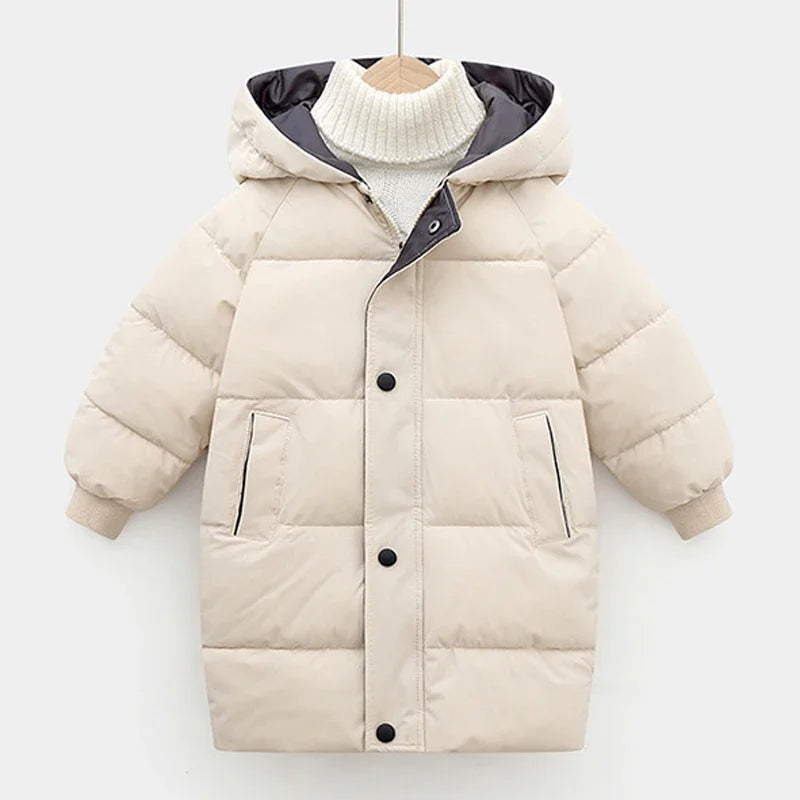 Winter Long Style Teen Girls Jacket Solid Color Slim Fit Fashion Detachable Hat Big Fur Collar Hooded Keep Warm Coat For Kids