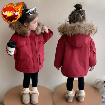 2025 New Girls Winter Parka Coat Thickened Fleece-Lined Warmth Stylish Cotton-padded Outdoor Coat Kids Winter Fashion