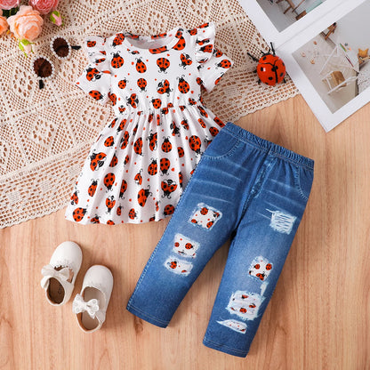 Baby Girl Ladybug 2-Piece Set, Ruffled Dress + Denim Pants with Ladybug Patch, Toddler Summer Casual Outfit
