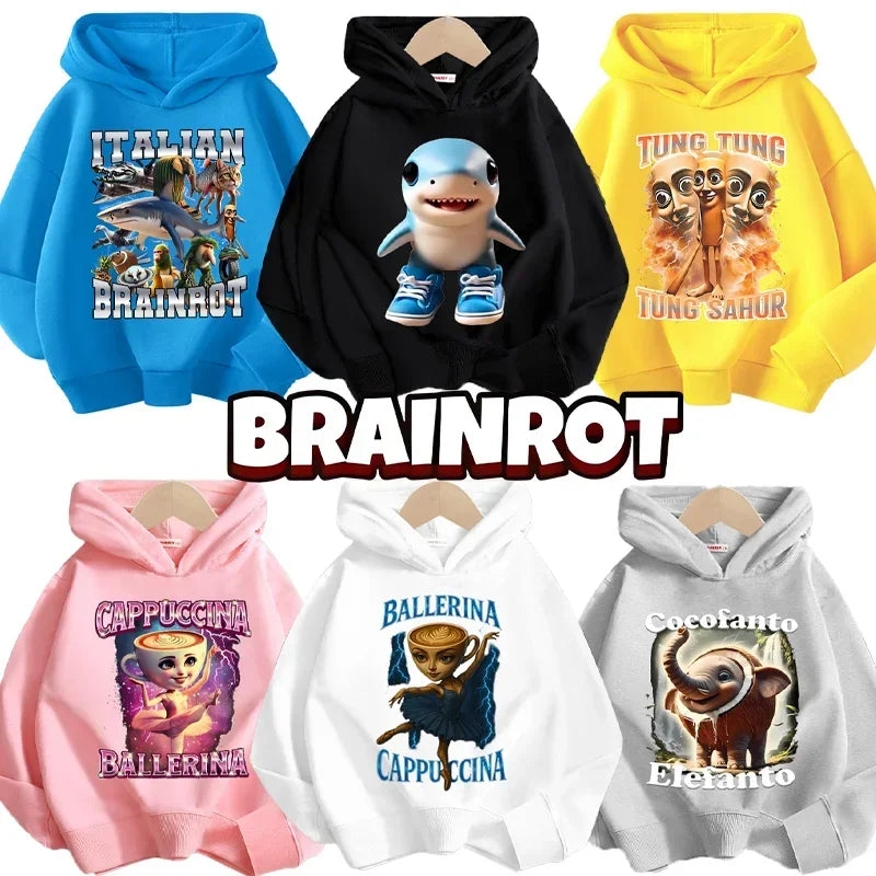 Italian Brainrot Tralalero Tralala Cartoon Fun Kid Hooded Sweatshirt Boys Girls Autumn Winter Fashion Warm Long Sleeve Hoodies