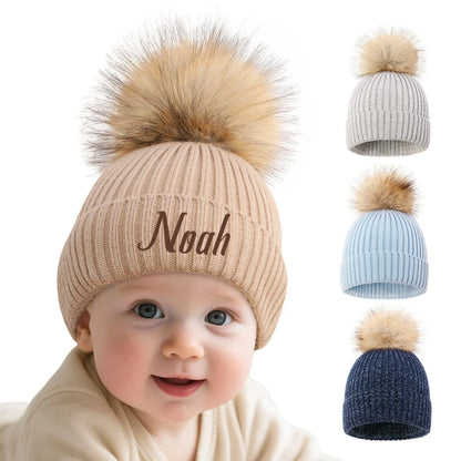 Personalized Name Big Pompom Winter Baby Hats Cute Beanies Caps Knitted Headwraps Warm Kids Crochet Infant Kids Headwear