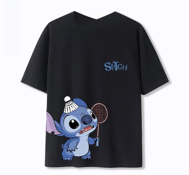Stitch Star Badminton Joint Stitch Cotton Short Sleeve T-Shirt Summer Loose Unisex Top Boys and Girls Street Fashion