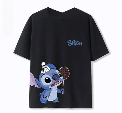 Stitch Star Badminton Joint Stitch Cotton Short Sleeve T-Shirt Summer Loose Unisex Top Boys and Girls Street Fashion