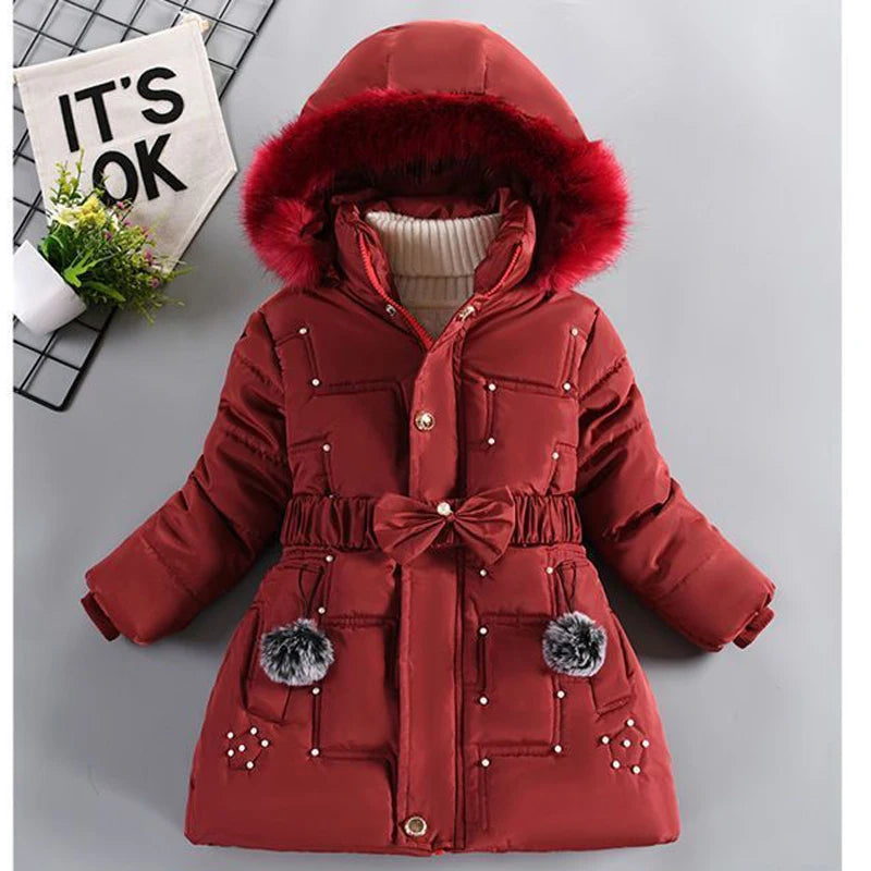 Thick Keep Warm Winter Girls Jacket Detachable Hat Plush Collar Hooded Padded Lining Coat For Kids Children Birthday Present