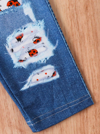 Baby Girl Ladybug 2-Piece Set, Ruffled Dress + Denim Pants with Ladybug Patch, Toddler Summer Casual Outfit