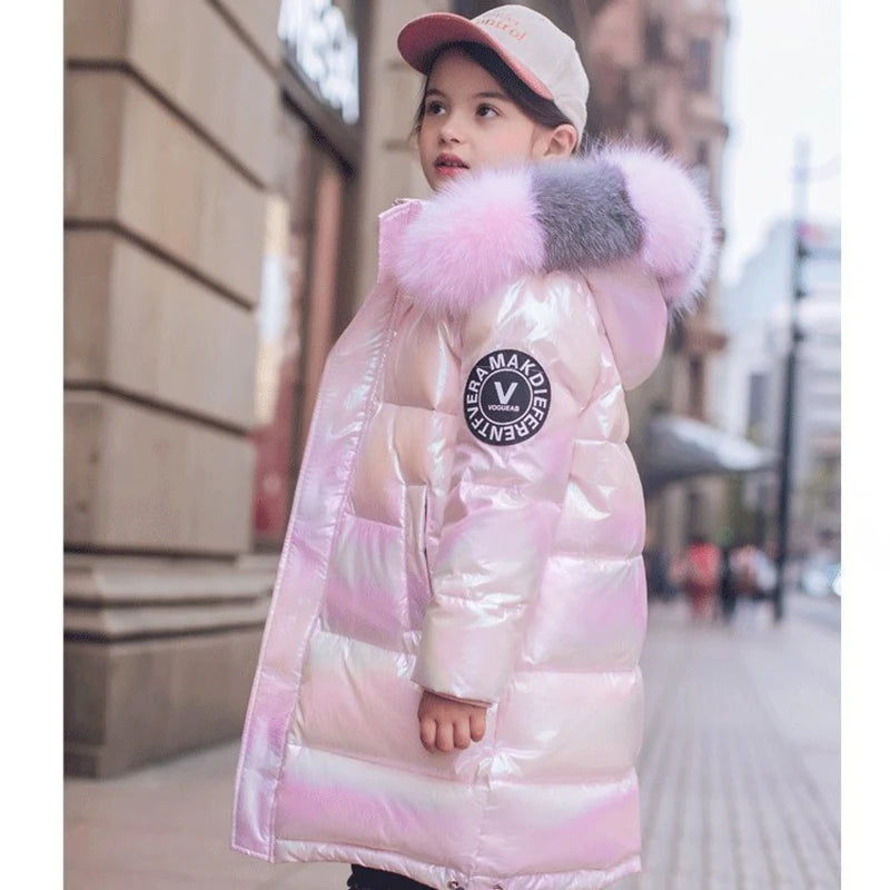 5-14 Years Old Winter Boys Girls Jacket Long Style Hooded Fur Collar Colorful Heavy Coat For Kids Children Outerwear