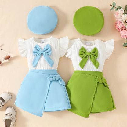 0-3Y Baby Girls Clothes 2025 Summer Toddler Outfit Sleeveless Top+Skirt+Beret 3Pcs Set Children's Cute Bow Suit Girls Clothing