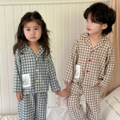 2PCS Autumn New Kids Pajamas Korean Long Sleeve Plaid Shirt And Pants Cotton Musline Yarn Sleepwear
