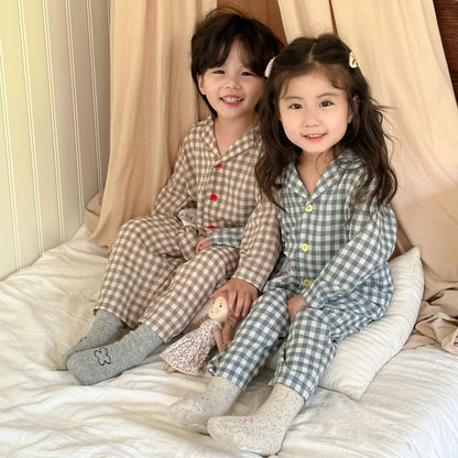 2PCS Autumn New Kids Pajamas Korean Long Sleeve Plaid Shirt And Pants Cotton Musline Yarn Sleepwear