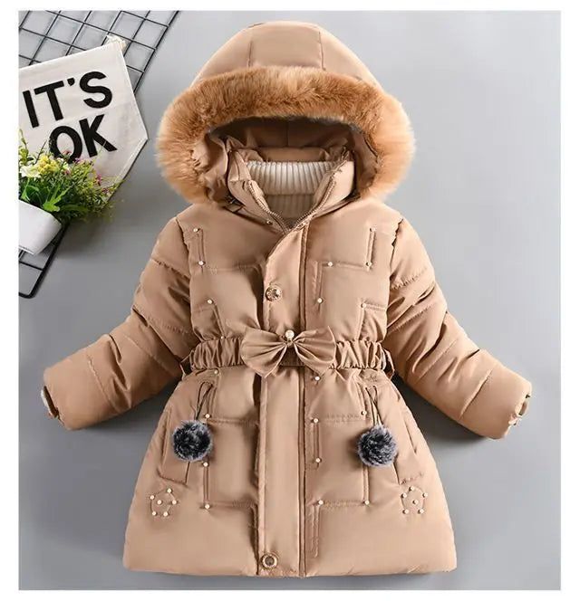 Thick Keep Warm Winter Girls Jacket Detachable Hat Plush Collar Hooded Padded Lining Coat For Kids Children Birthday Present