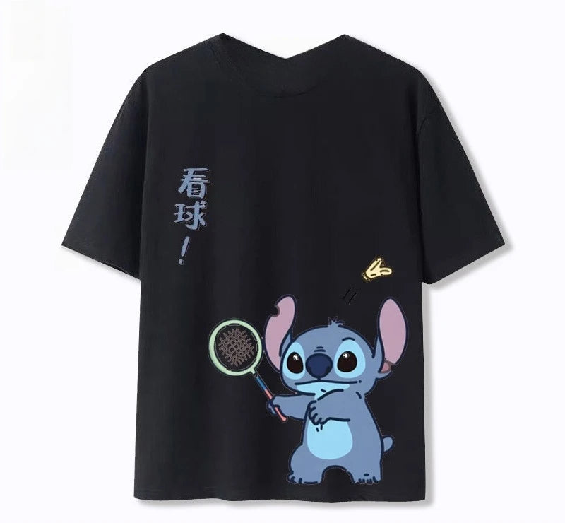 Stitch Star Badminton Joint Stitch Cotton Short Sleeve T-Shirt Summer Loose Unisex Top Boys and Girls Street Fashion