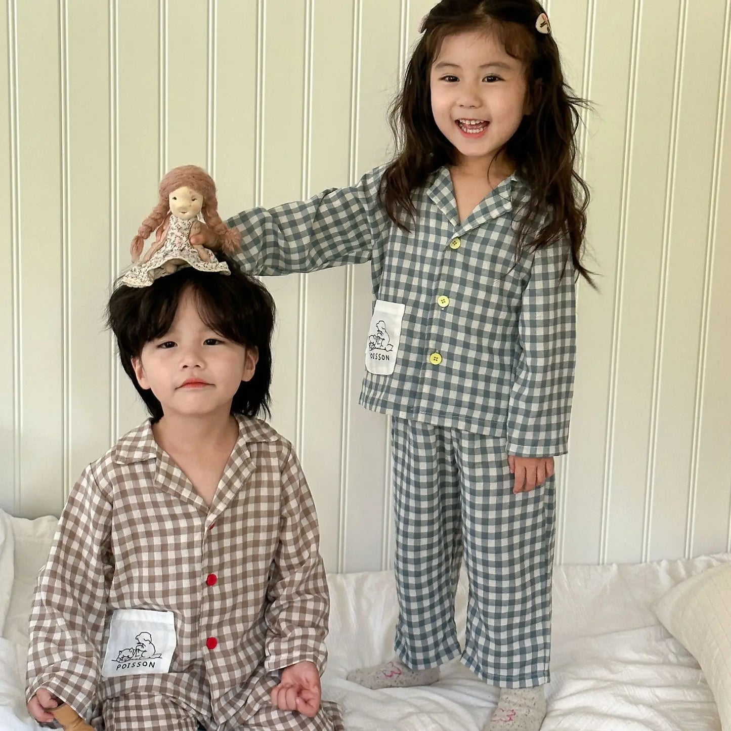 2PCS Autumn New Kids Pajamas Korean Long Sleeve Plaid Shirt And Pants Cotton Musline Yarn Sleepwear