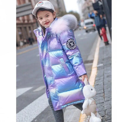 5-14 Years Old Winter Boys Girls Jacket Long Style Hooded Fur Collar Colorful Heavy Coat For Kids Children Outerwear