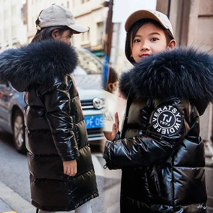 5-14 Years Old Winter Boys Girls Jacket Long Style Hooded Fur Collar Colorful Heavy Coat For Kids Children Outerwear