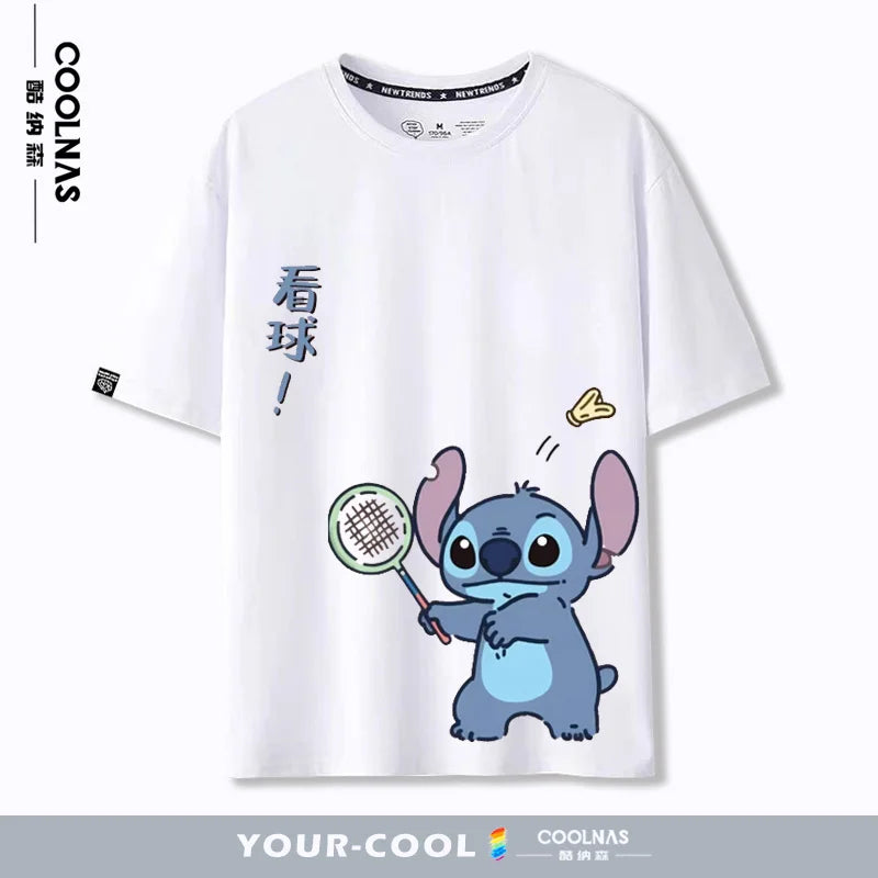 Stitch Star Badminton Joint Stitch Cotton Short Sleeve T-Shirt Summer Loose Unisex Top Boys and Girls Street Fashion