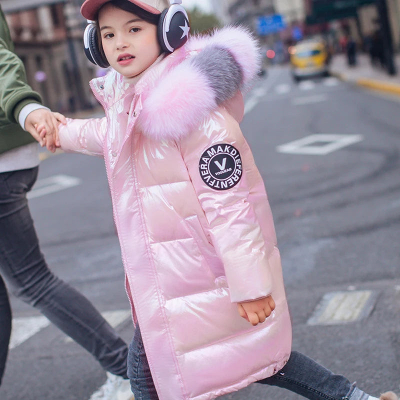 5-14 Years Old Winter Boys Girls Jacket Long Style Hooded Fur Collar Colorful Heavy Coat For Kids Children Outerwear