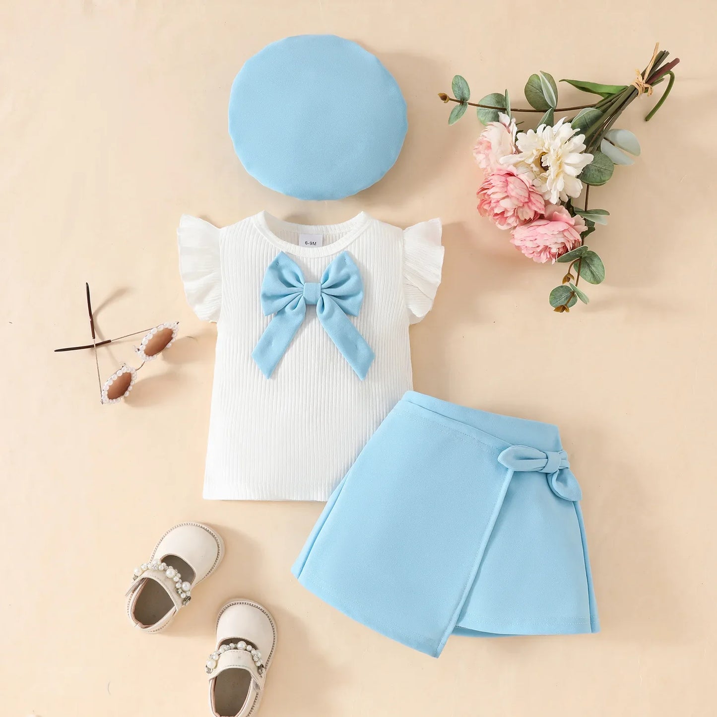 0-3Y Baby Girls Clothes 2025 Summer Toddler Outfit Sleeveless Top+Skirt+Beret 3Pcs Set Children's Cute Bow Suit Girls Clothing