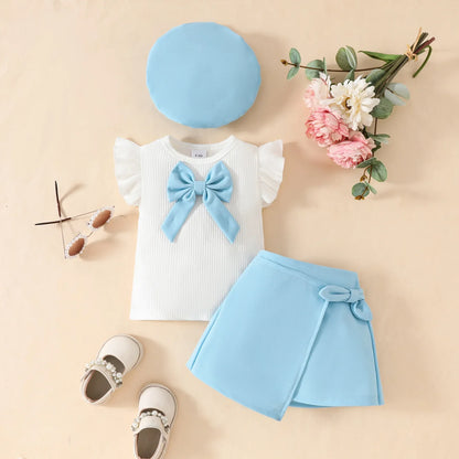 0-3Y Baby Girls Clothes 2025 Summer Toddler Outfit Sleeveless Top+Skirt+Beret 3Pcs Set Children's Cute Bow Suit Girls Clothing