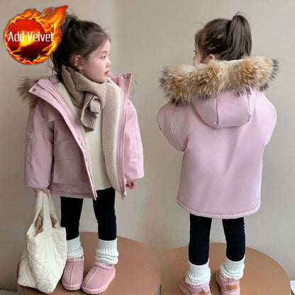2025 New Girls Winter Parka Coat Thickened Fleece-Lined Warmth Stylish Cotton-padded Outdoor Coat Kids Winter Fashion