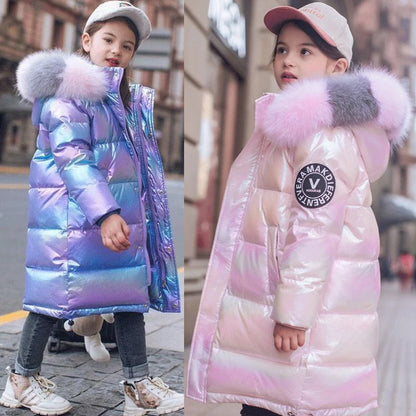 5-14 Years Old Winter Boys Girls Jacket Long Style Hooded Fur Collar Colorful Heavy Coat For Kids Children Outerwear