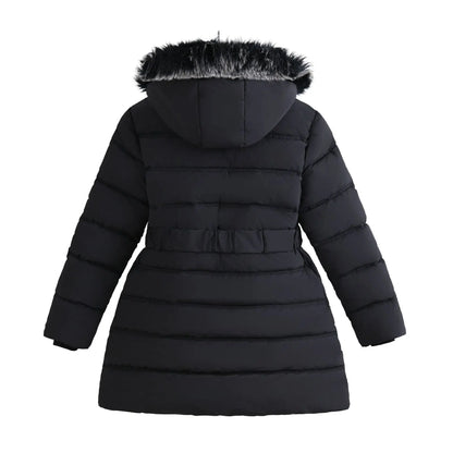 Winter Long Style Teen Girls Jacket Solid Color Slim Fit Fashion Detachable Hat Big Fur Collar Hooded Keep Warm Coat For Kids
