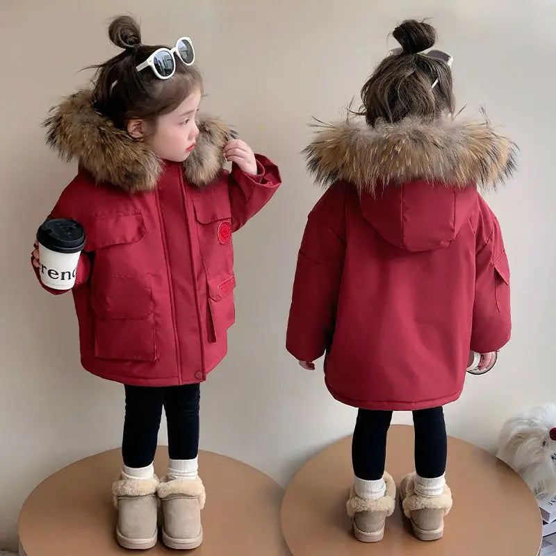 2025 New Girls Winter Parka Coat Thickened Fleece-Lined Warmth Stylish Cotton-padded Outdoor Coat Kids Winter Fashion