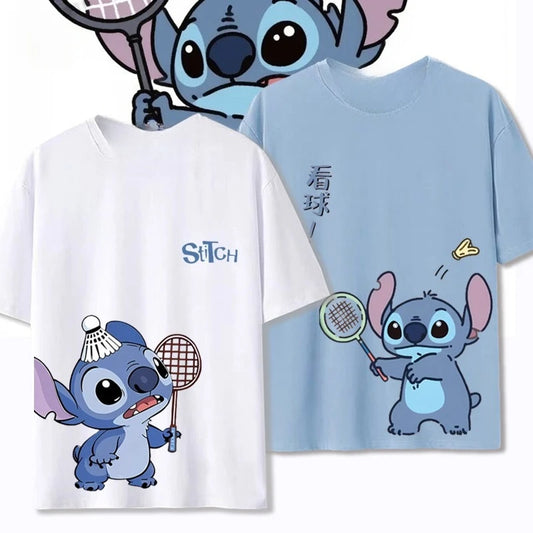 Stitch Star Badminton Joint Stitch Cotton Short Sleeve T-Shirt Summer Loose Unisex Top Boys and Girls Street Fashion