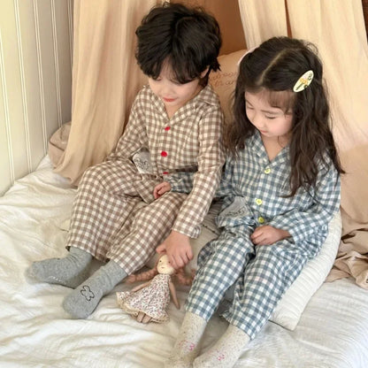 2PCS Autumn New Kids Pajamas Korean Long Sleeve Plaid Shirt And Pants Cotton Musline Yarn Sleepwear
