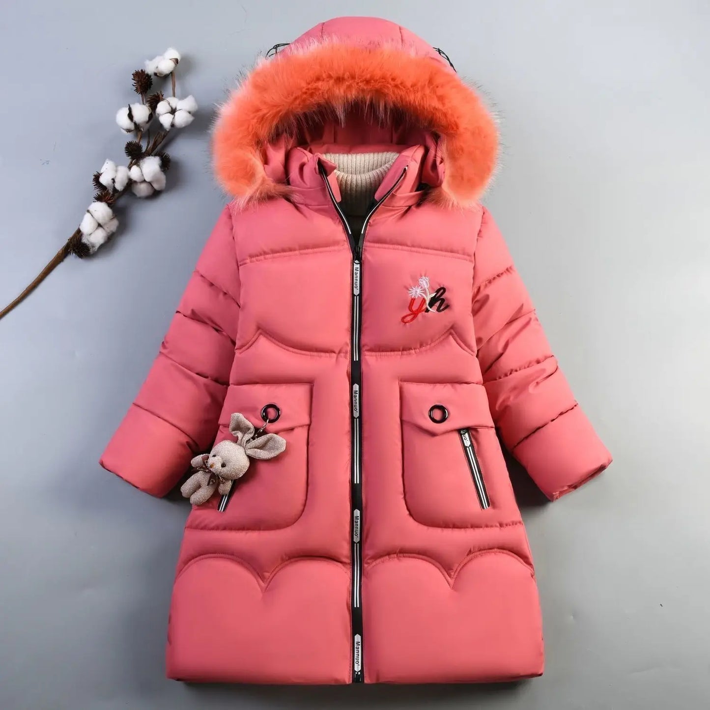 5-14 Years Old Winter Boys Girls Jacket Long Style Hooded Fur Collar Colorful Heavy Coat For Kids Children Outerwear