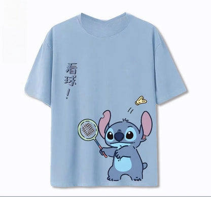Stitch Star Badminton Joint Stitch Cotton Short Sleeve T-Shirt Summer Loose Unisex Top Boys and Girls Street Fashion