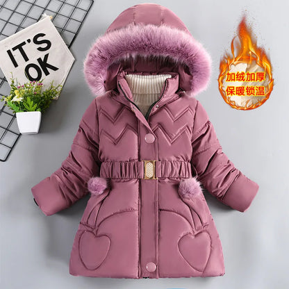 Thick Keep Warm Winter Girls Jacket Detachable Hat Plush Collar Hooded Padded Lining Coat For Kids Children Birthday Present