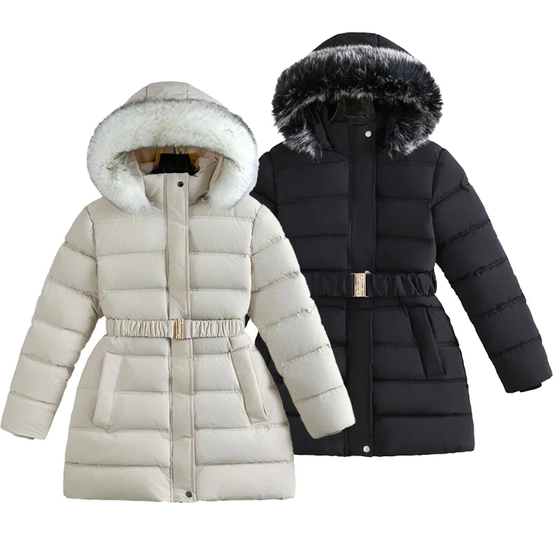 Winter Long Style Teen Girls Jacket Solid Color Slim Fit Fashion Detachable Hat Big Fur Collar Hooded Keep Warm Coat For Kids