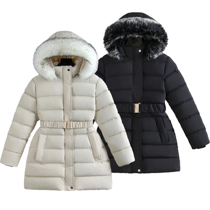 Winter Long Style Teen Girls Jacket Solid Color Slim Fit Fashion Detachable Hat Big Fur Collar Hooded Keep Warm Coat For Kids