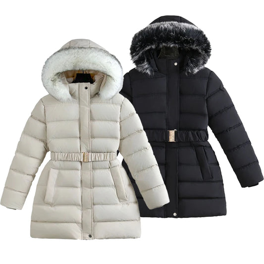 Winter Long Style Teen Girls Jacket Solid Color Slim Fit Fashion Detachable Hat Big Fur Collar Hooded Keep Warm Coat For Kids