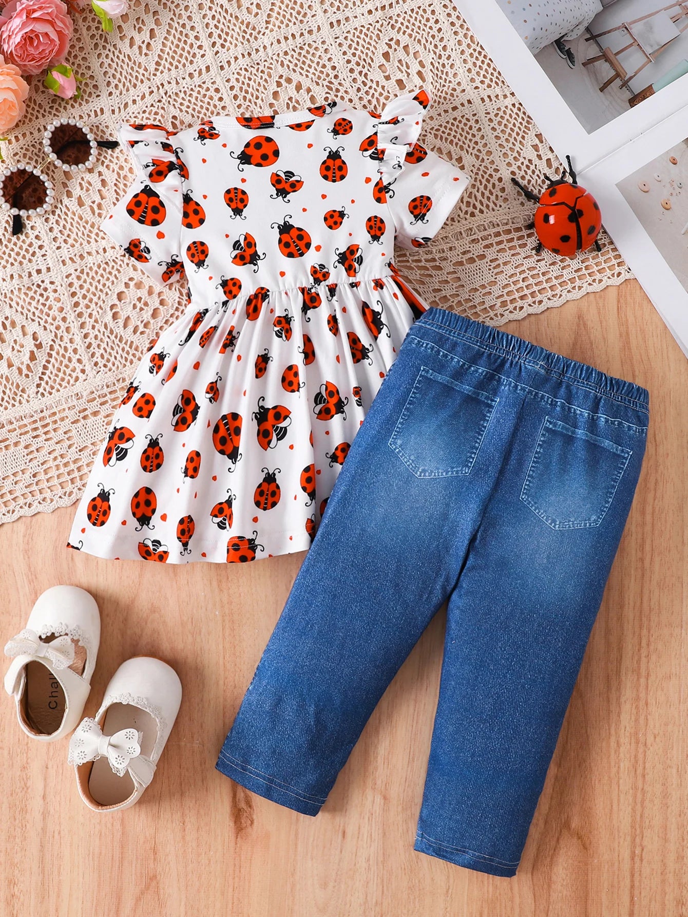 Baby Girl Ladybug 2-Piece Set, Ruffled Dress + Denim Pants with Ladybug Patch, Toddler Summer Casual Outfit
