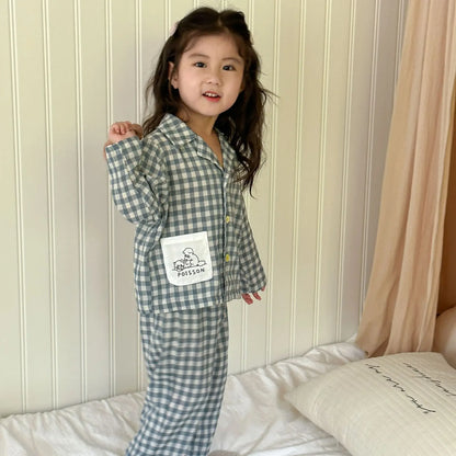 2PCS Autumn New Kids Pajamas Korean Long Sleeve Plaid Shirt And Pants Cotton Musline Yarn Sleepwear
