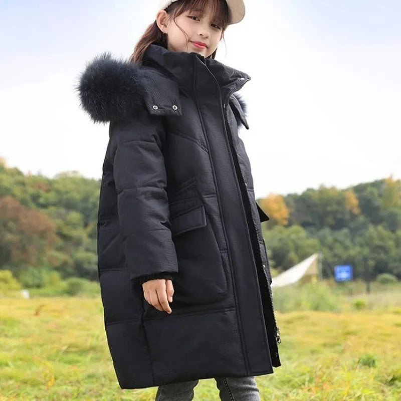 New 2025 Winter Girls' Thermal Insulated Down Jacket - Trendy Stylish Mid-Length Winter Coat for Kids, Warmth & Fashion Combo